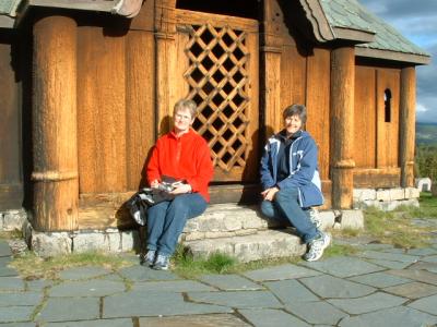 Jean (left) and Sue (right from Minnesota outside Hedalen StaveChurch